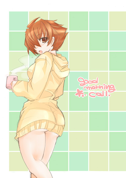 arcana_heart_2, arcana_heart_3, ass, bottomless, brown_eyes, brown_hair, cardigan, cup