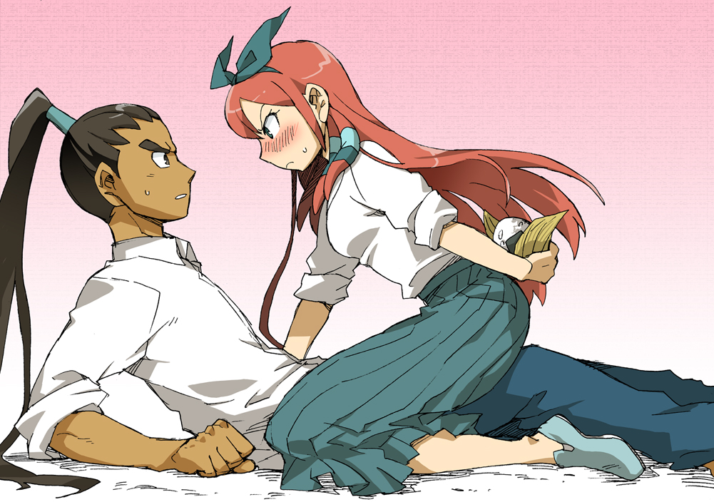 1girl, black_hair, blush, food, girl_on_top, green_eyes, hair_ribbon, inazuma_eleven, inazuma_eleven_(series), inazuma_eleven_go, long_hair, long_skirt, momonohito, nishiki_ryouma, onigiri, red_hair, redhead, ribbon, school_uniform, seto_midori, skirt, sleeves_rolled_up