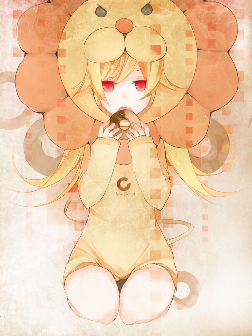 bakemonogatari, blonde_hair, cosplay, doughnut, highres, lion, long_hair, mister_donut, monogatari_(series), oshino_shinobu, pon_de_lion, pon_de_lion_(cosplay), solo, zweplus