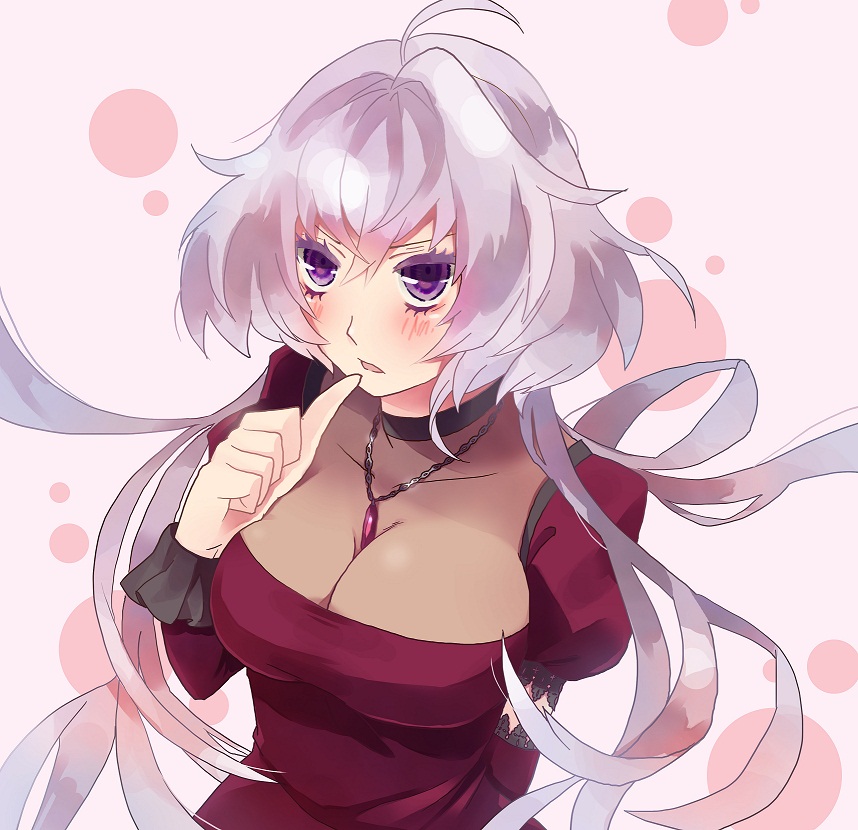 breasts, cleavage, large_breasts, long_hair, purple_eyes, purple_hair, senki_zesshou_symphogear, teasage