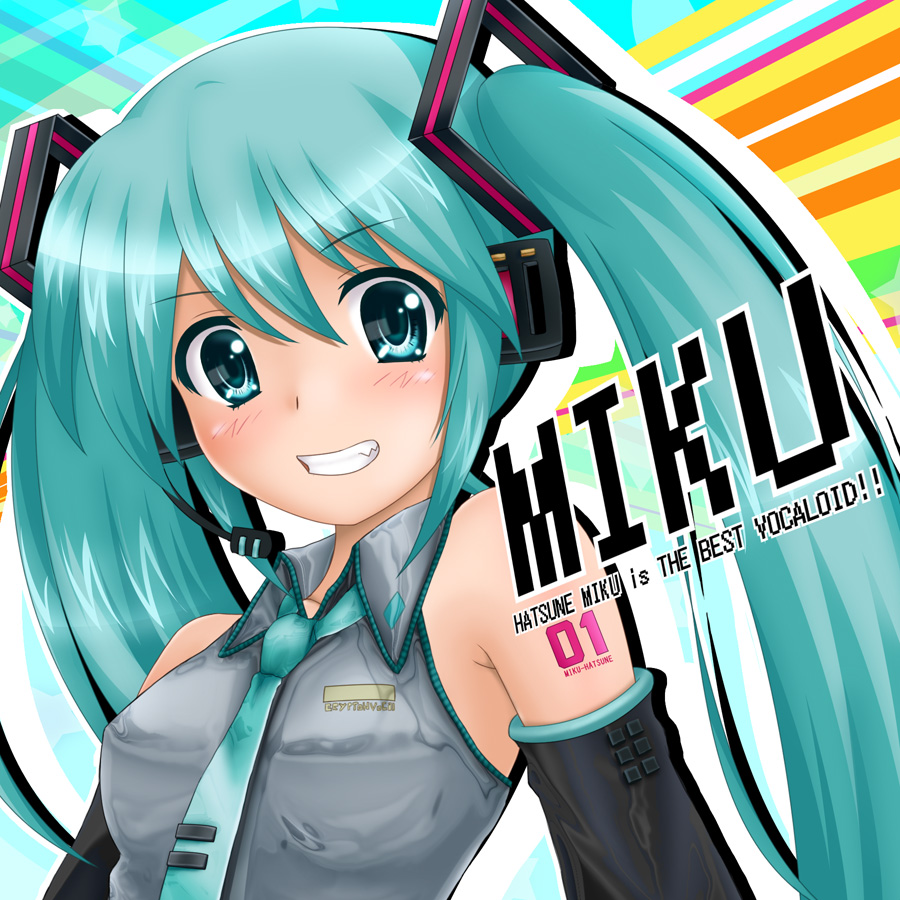 aoi_kanan, aqua_eyes, aqua_hair, bare_shoulders, character_name, detached_sleeves, grin, hatsune_miku