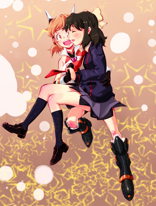 black_hair, blazer, bodysuit, boots, bow, brown_hair, hair_bow, headphones, kohinata_miku, necktie, orange_eyes, samuhara, school_uniform, senki_zesshou_symphogear, short_hair, tachibana_hibiki_(symphogear), thigh-highs, thigh_boots, thighhighs, yuri