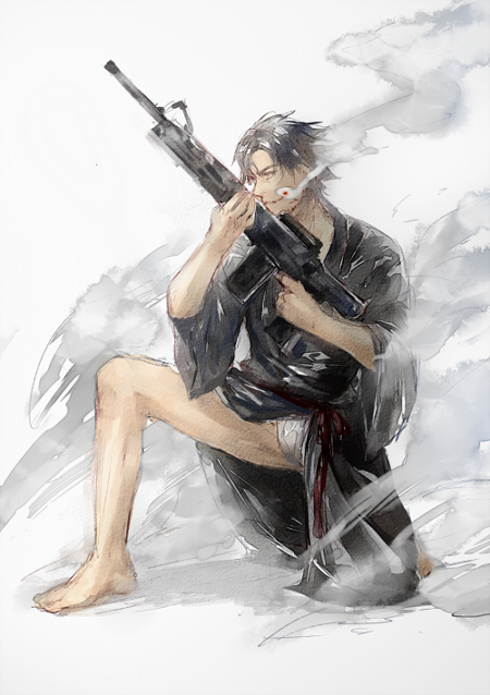 barefoot, black_eyes, black_hair, cigarette, emiya_kiritsugu, facial_hair, fate/stay_night, fate/zero, fate_(series), fundoshi, genii, gun, japanese_clothes, kimono, kneeling, male, smoking, solo, stubble, weapon