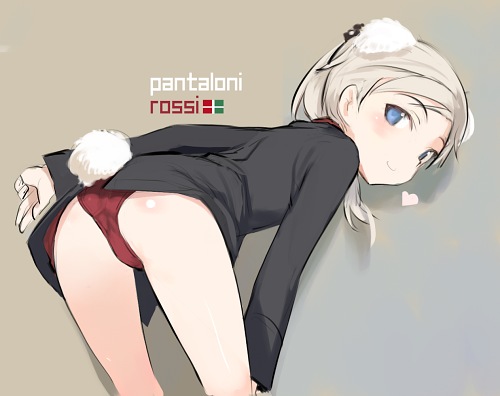 animal_ears, ass, blue_eyes, dog_ears, dog_tail, from_behind, hand_on_knee, heart