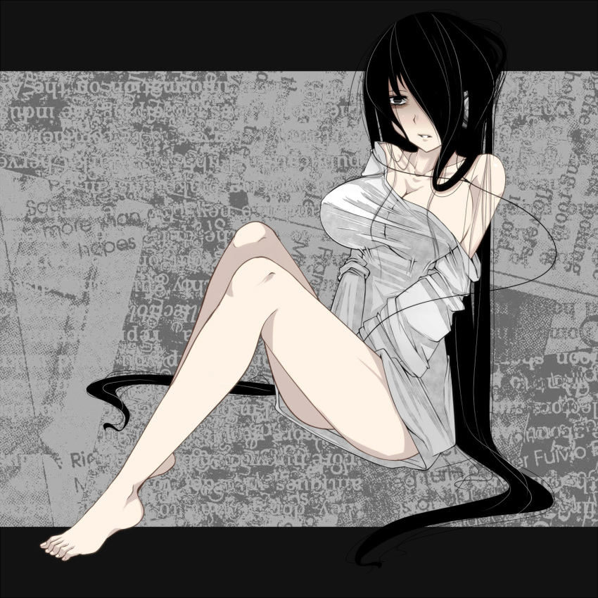 aoshima, bags_under_eyes, bare_legs, bare_shoulders, barefoot, black_eyes, black_hair, breasts