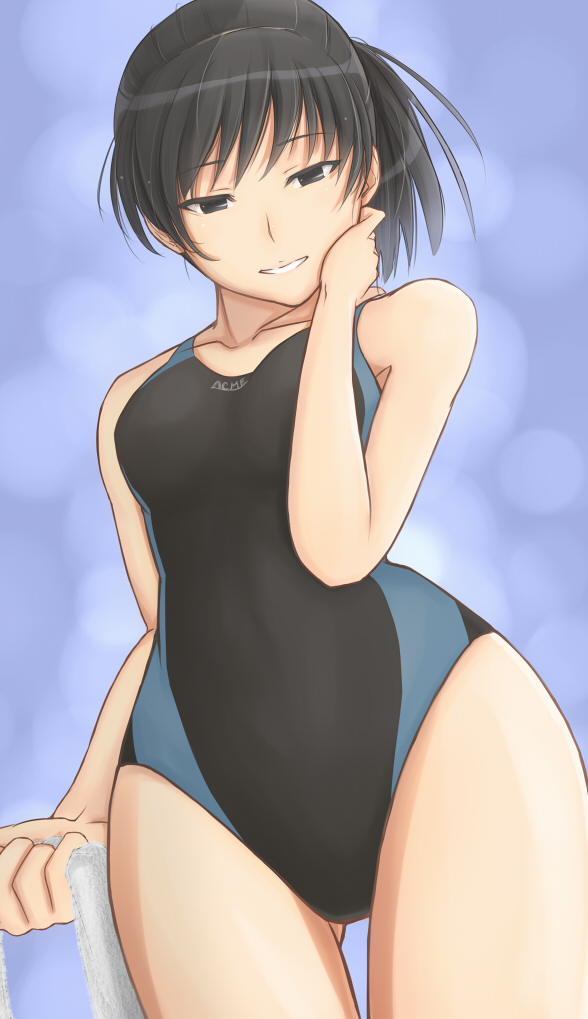 akitotika, amagami, black_eyes, black_hair, breasts, competition_swimsuit, grin, hips