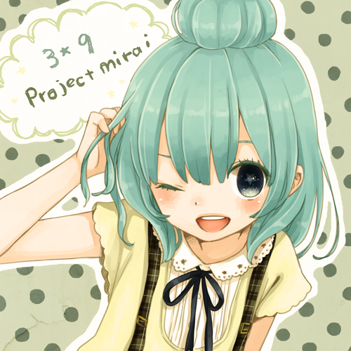 39, green_eyes, green_hair, hair_bun, hand_on_own_head, hatsune_miku, hello/how_are_you_(vocaloid), lowres