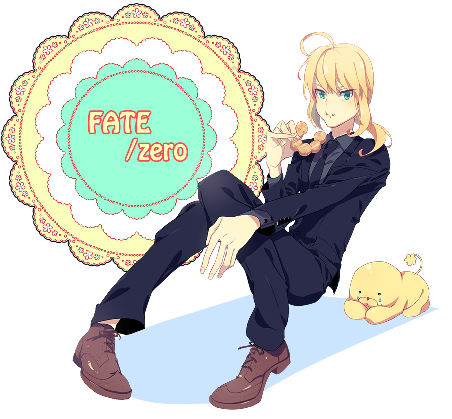 :t, ahoge, androgynous, bad_id, blonde_hair, doughnut, eating, fate/zero, fate_(series), fod_on_face, food, food_on_face, formal, green_eyes, long_hair, mister_donut, necktie, pant_suit, pingo0423, pon_de_lion, ponytail, puffy_cheeks, saber, solo, suit, tears, title_drop