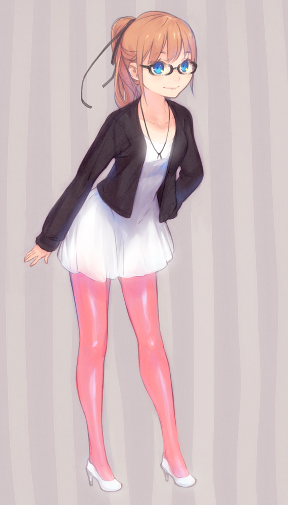 blue_eyes, brown_hair, dress, glasses, hair_ribbon, hand_in_pocket, high_heels, jacket, jewelry, leaning_forward, long_hair, looking_at_viewer, necklace, original, pantyhose, pink_legwear, ponytail, ribbon, shiohara_shin'ichi, shiohara_shin'ichi, shoes, smile, solo, striped, striped_background