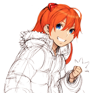 blue_eyes, bust, clenched_fist, clenched_hand, jacket, lowres, neon_genesis_evangelion, orange_hair