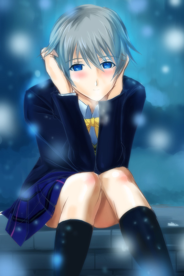 blazer, blue_eyes, grey_hair, kyouno_rhythmy, light_particles, plaid, plaid_skirt, pleated_skirt