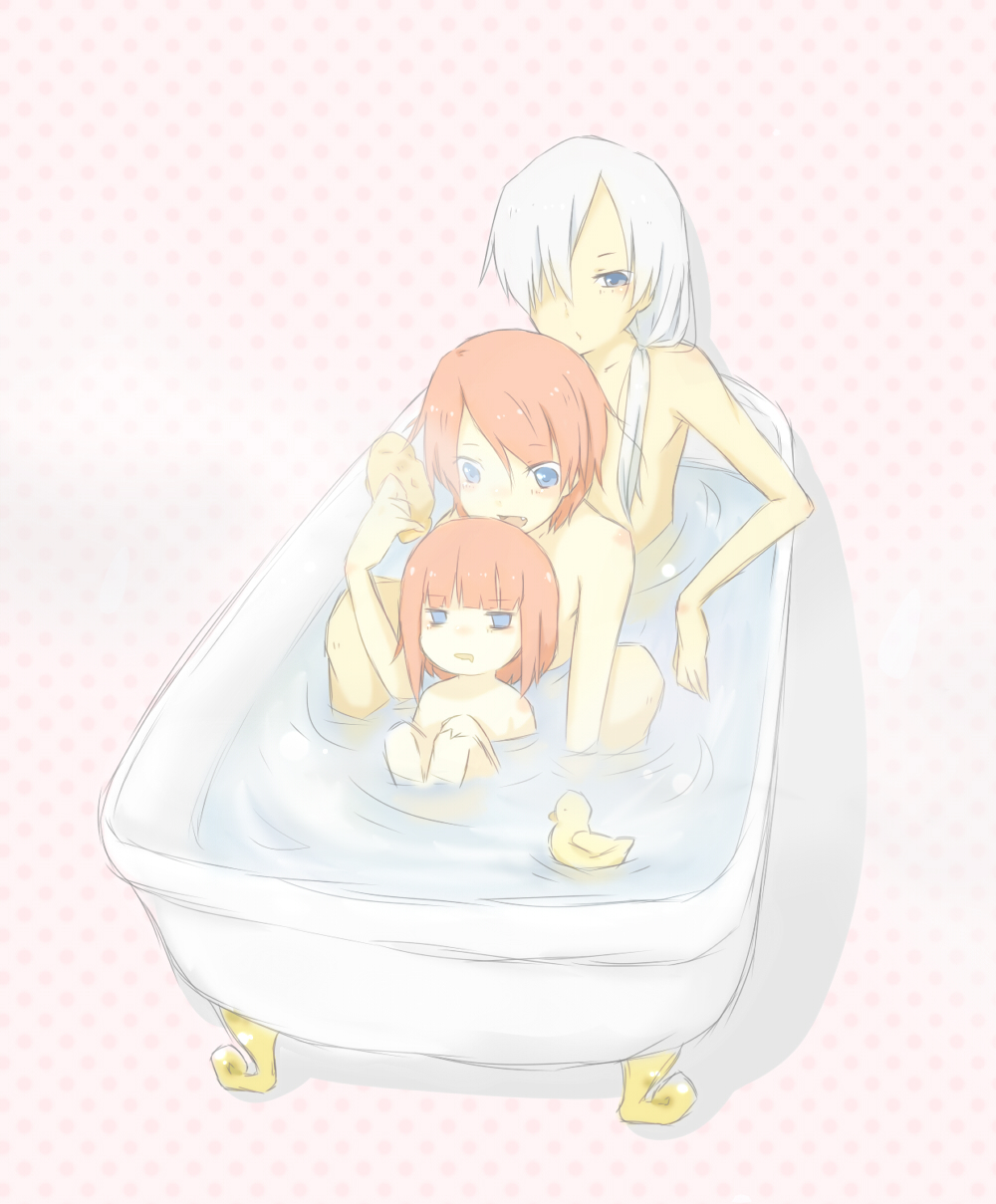 amakusa_juuza, bathing, bathtub, blue_eyes, duck, nude, pontytail, redhead