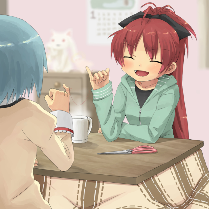 back, blue_hair, bow, casual, closed_eyes, collarbone, cup, eyes_closed