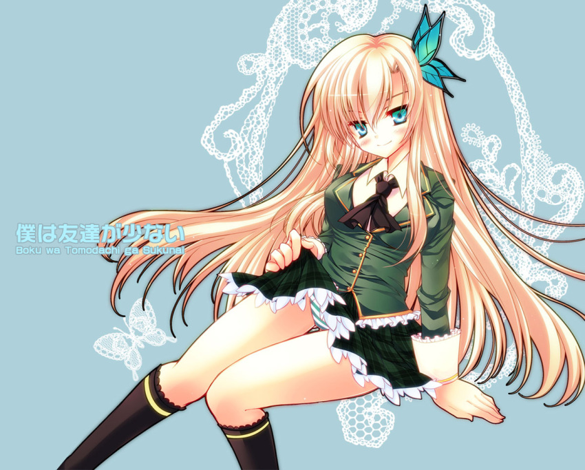 akao, aqua_eyes, blonde_hair, boku_wa_tomodachi_ga_sukunai, butterfly_hair_ornament, hair_ornament, kashiwazaki_sena, kneehighs