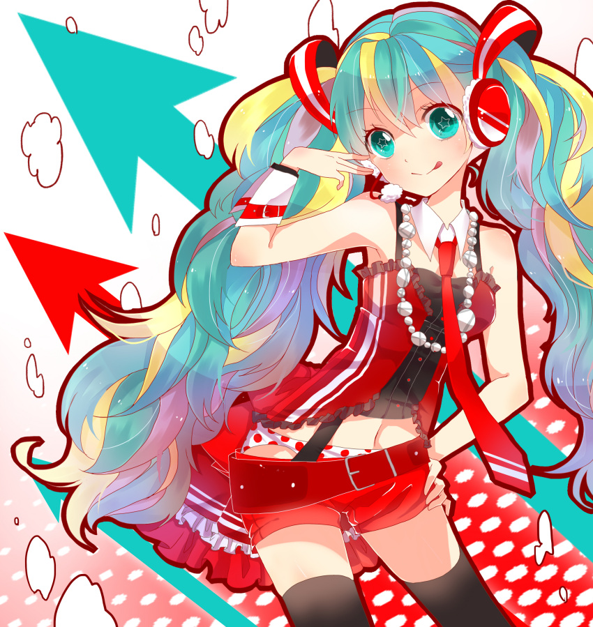 aqua_eyes, aqua_hair, bare_shoulders, belt, cola_miku, collar, earmuffs, hand_on_earmuffs