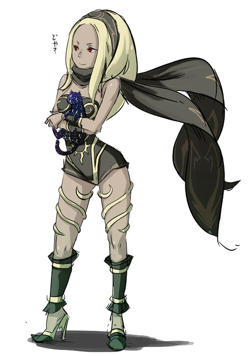 blond_hair, cat, dark_skin, dusty_(gravity_daze), eroquis, gravity_daze, gravity_rush, heels, high_heels, kat, kat_(gravity_daze), kitten_(gravity_daze), long_hair, red_eyes, scarf, shoes