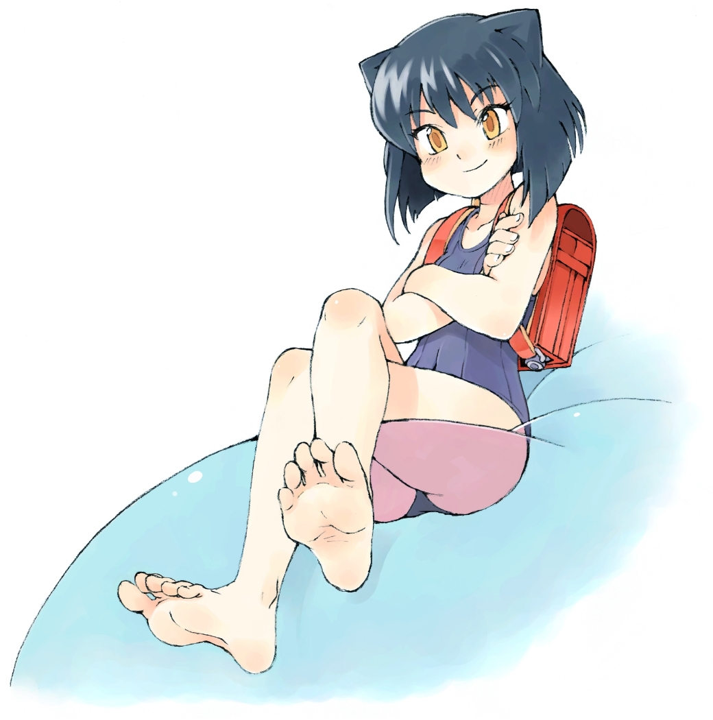 arcana_heart, backpack, bag, barefoot, black_hair, cat_ears, crossed_arms, crossed_legs, daidouji_kira, feet, oyatsu_(mk2), pov_feet, randoseru, school_swimsuit, short_hair, sitting, smile, soles, solo, swimsuit, toes, yellow_eyes