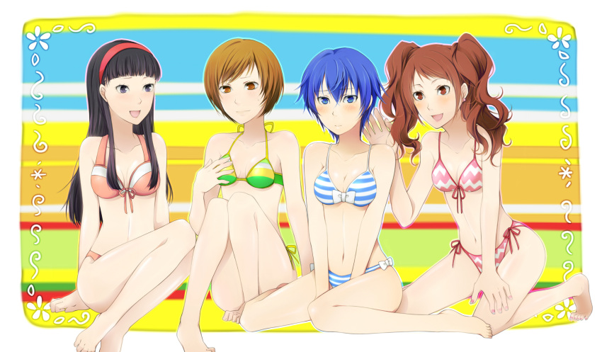 amagi_yukiko, barefoot, bikini, black_eyes, black_hair, blue_eyes, blue_hair, breast_envy