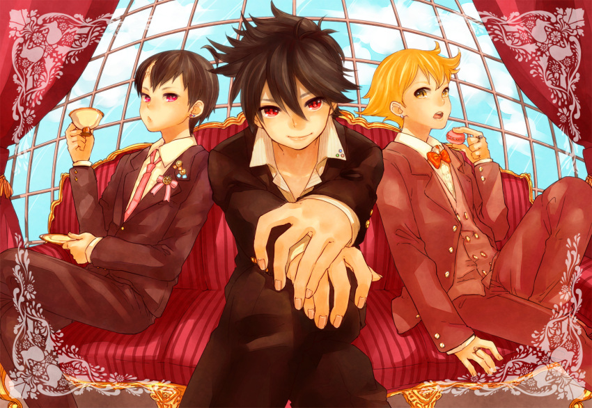 alternate_costume, black_hair, blonde_hair, bowtie, earrings, fingernails, formal, holding