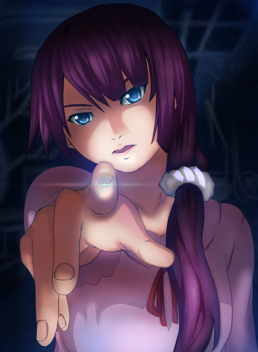 blue_eyes, highres, long_hair, monogatari_(series), nisemonogatari, pointing, purple_hair, senjougahara_hitagi