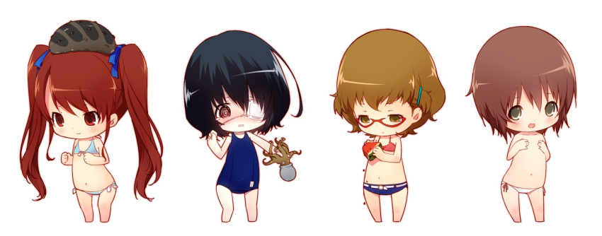 1boy, 3girls, akazawa_izumi, another, bikini, bikini_shorts, breasts, chibi, child, covering, covering_breasts, eyepatch, food, fruit, glasses, misaki_mei, mochizuki_yuuya, multiple_girls, octopus, school_swimsuit, sea_cucumber, side-tie_bikini, simple_background, standing, sugiura_takako, summer, swimsuit, trap, watermelon, white_background