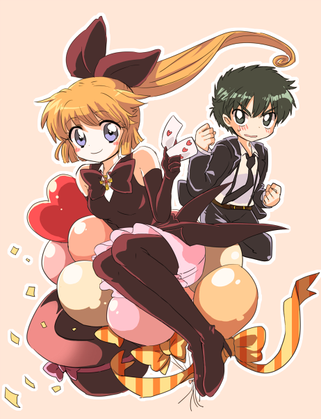 1girl, asuka_daiki, balloon, blue_eyes, brown_hair, brown_legwear, card, elbow_gloves