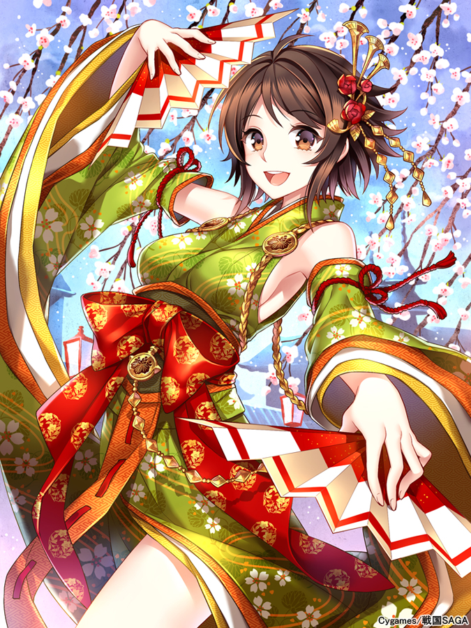 breasts, brown_eyes, brown_hair, character_request, cherry_blossoms, detached_sleeves, dual_wielding, fan