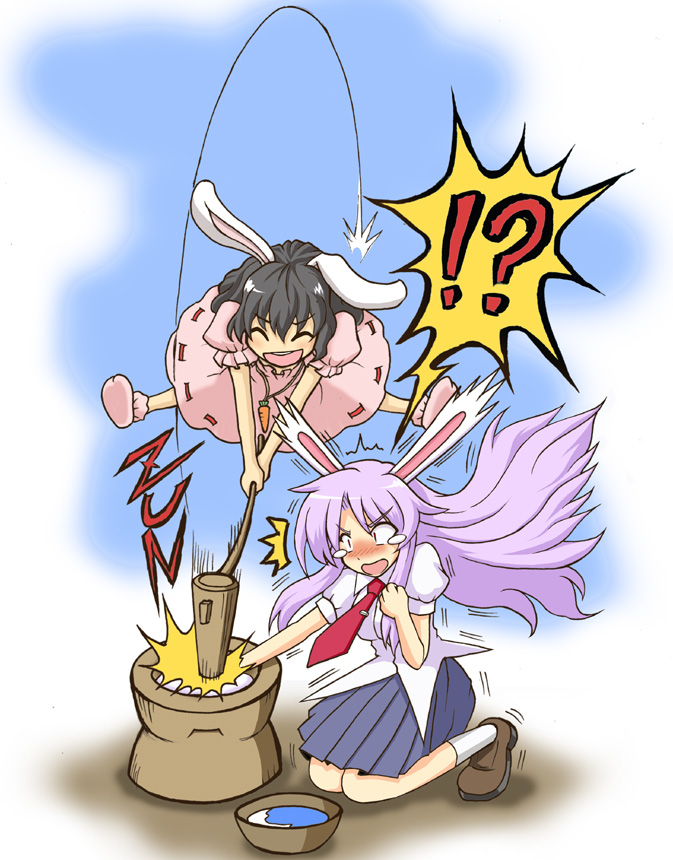 /\/\/\, 2girls, animal_ears, black_hair, blush, bowl, brown_hair, bunny_ears, carrot, closed_eyes, eyes_closed, food, hammer, inaba_tewi, jewelry, kneeling, long_hair, mallet, mochi, multiple_girls, necklace, necktie, open_mouth, outstretched_hand, pendant, pink_hair, purple_hair, reisen_udongein_inaba, shinadume, shirt, shocked_eyes, short_hair, skirt, smile, surprised, tears, touhou, violence, wagashi