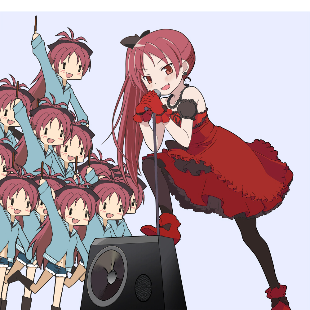 clone, estel, fang, frills, gloves, hair_ribbon, idol, long_hair, looking_at_viewer, mahou_shoujo_madoka_magica, microphone, microphone_stand, midriff, navel, off_shoulder, pantyhose, pocky, ponytail, red_eyes, red_hair, redhead, ribbon, rosso_fantasma, sakura_kyouko, short_shorts, shorts, simple_background, singing, white_background, ||_||