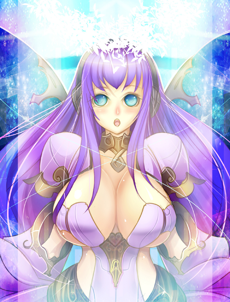 armor, blue_eyes, breasts, butterfly_wings, curvy, female, hips, huge_breasts, long_hair, open_mouth, original, purple_hair, solo, standing, taka_(sanoujo358), wide_hips, wings