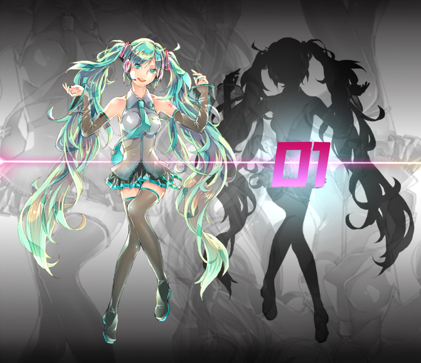 aqua_eyes, aqua_hair, boots, detached_sleeves, ena1215, hatsune_miku, headset, long_hair, necktie, skirt, solo, thigh-highs, thigh_boots, thighhighs, twintails, very_long_hair, vocaloid, zoom_layer