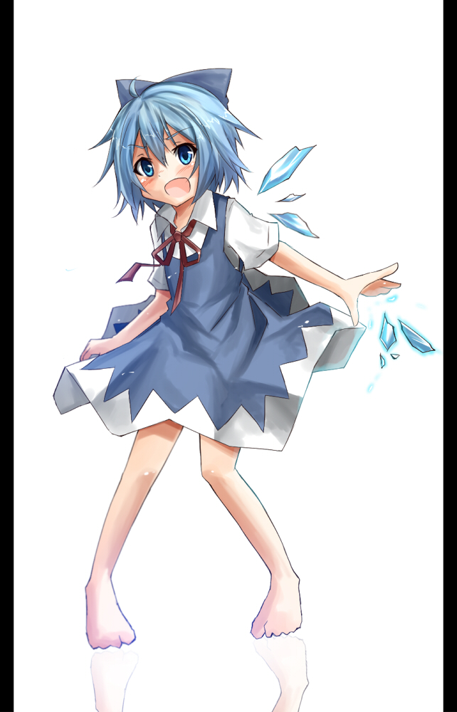bare_legs, barefoot, blue_dress, blue_eyes, blue_hair, blush, bow, cirno, dress, hair_bow, hakobako, ice, open_mouth, outstretched_hand, pillarboxed, reflective_floor, ribbon, shirt, short_hair, solo, touhou, wings