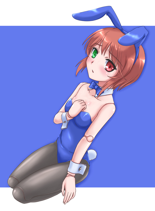 brown_hair, bunny_ears, bunnysuit, doll_joints, heterochromia, kneeling, kurai_(cry), pantyhose