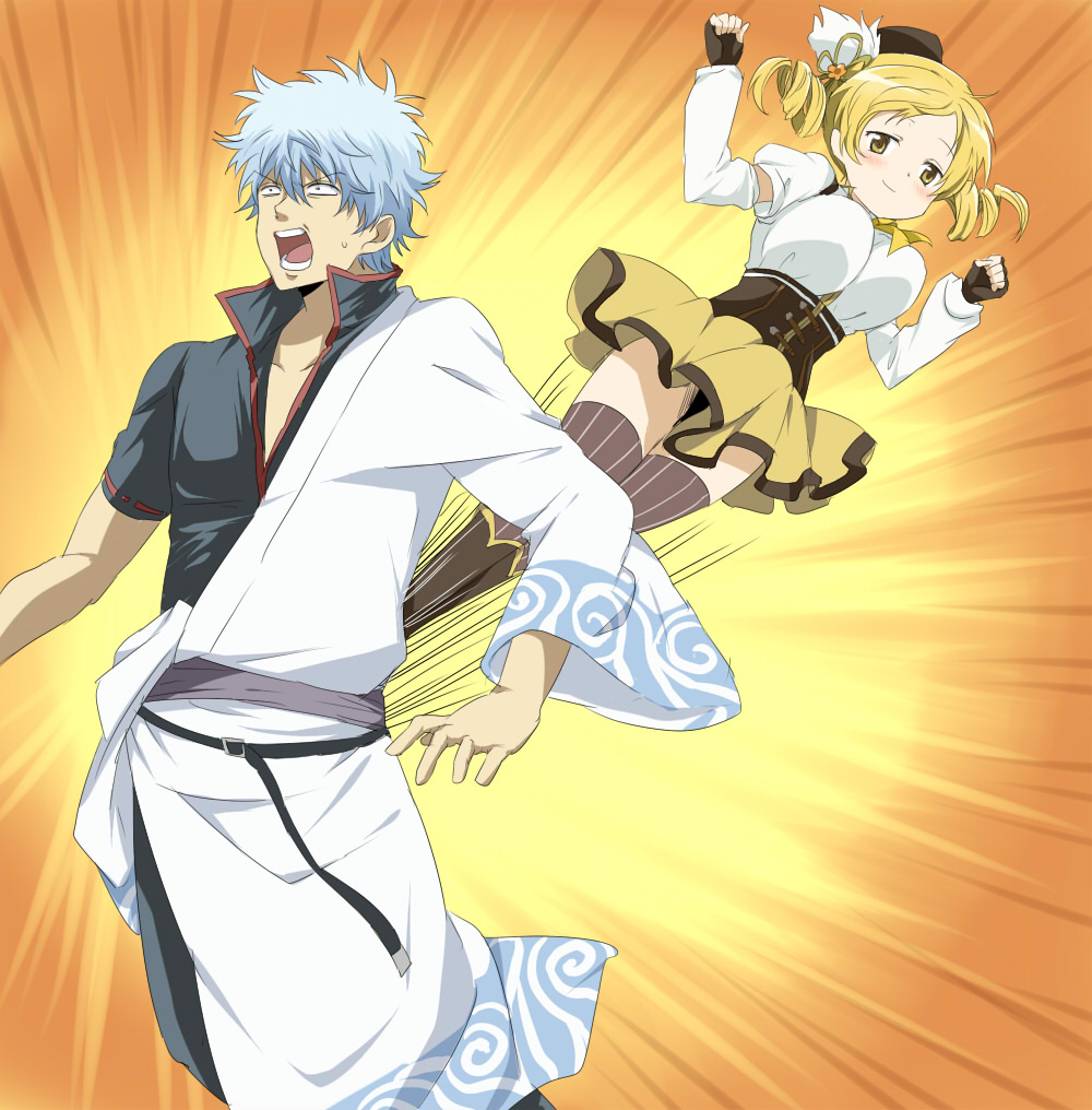 1girl, blonde_hair, blush, breasts, corset, crossover, danshi_koukousei_no_nichijou, detached_sleeves, drill_hair, flying_kick, gintama, hair_ornament, hat, japanese_clothes, kicking, long_hair, magical_girl, mahou_shoujo_madoka_magica, maruki_(punchiki), mizuhashi_kaori, panties, pantyshot, parody, punchiki, sakata_gintoki, seiyuu_connection, silver_hair, smile, sugita_tomokazu, thigh-highs, thighhighs, tiro_finale, tomoe_mami, twin_drills, twintails, underwear, yellow_eyes