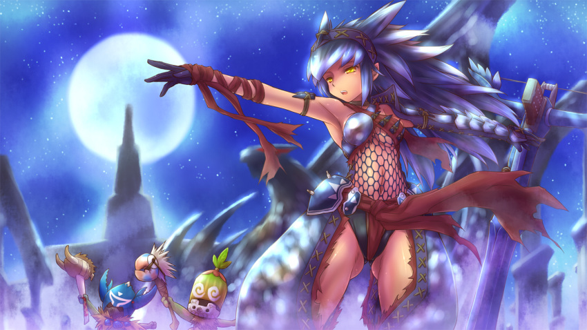 bowgun, breasts, cha-cha, full_moon, kayanba, long_hair, monster_hunter, monster_hunter_3_g