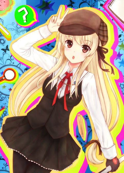 1girl, :o, ?, blonde_hair, dress, futaba_anzu, gloves, hat