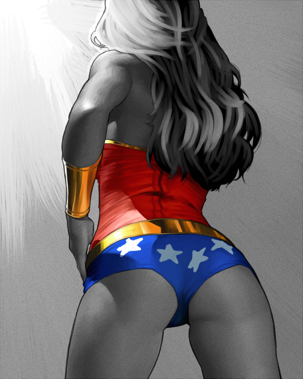 ass, back, bad_id, bare_shoulders, belt, black_hair, bracer, ciba, dc_comics, female, from_behind, leotard, long_hair, monochrome, princess_diana_of_themyscira, realistic, shiba_(berryeater), solo, spot_color, thighs, wonder_woman, wonder_woman_(series), wristband