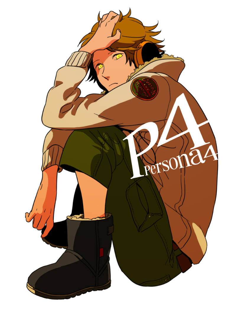3_(k--n--ako), brown_hair, dark_persona, hanamura_yousuke, headphones, headphones_around_neck, highres, hoodie, looking_at_viewer, persona, persona_4, shoes, spiked_hair, spiky_hair, squatting, title_drop, yellow_eyes