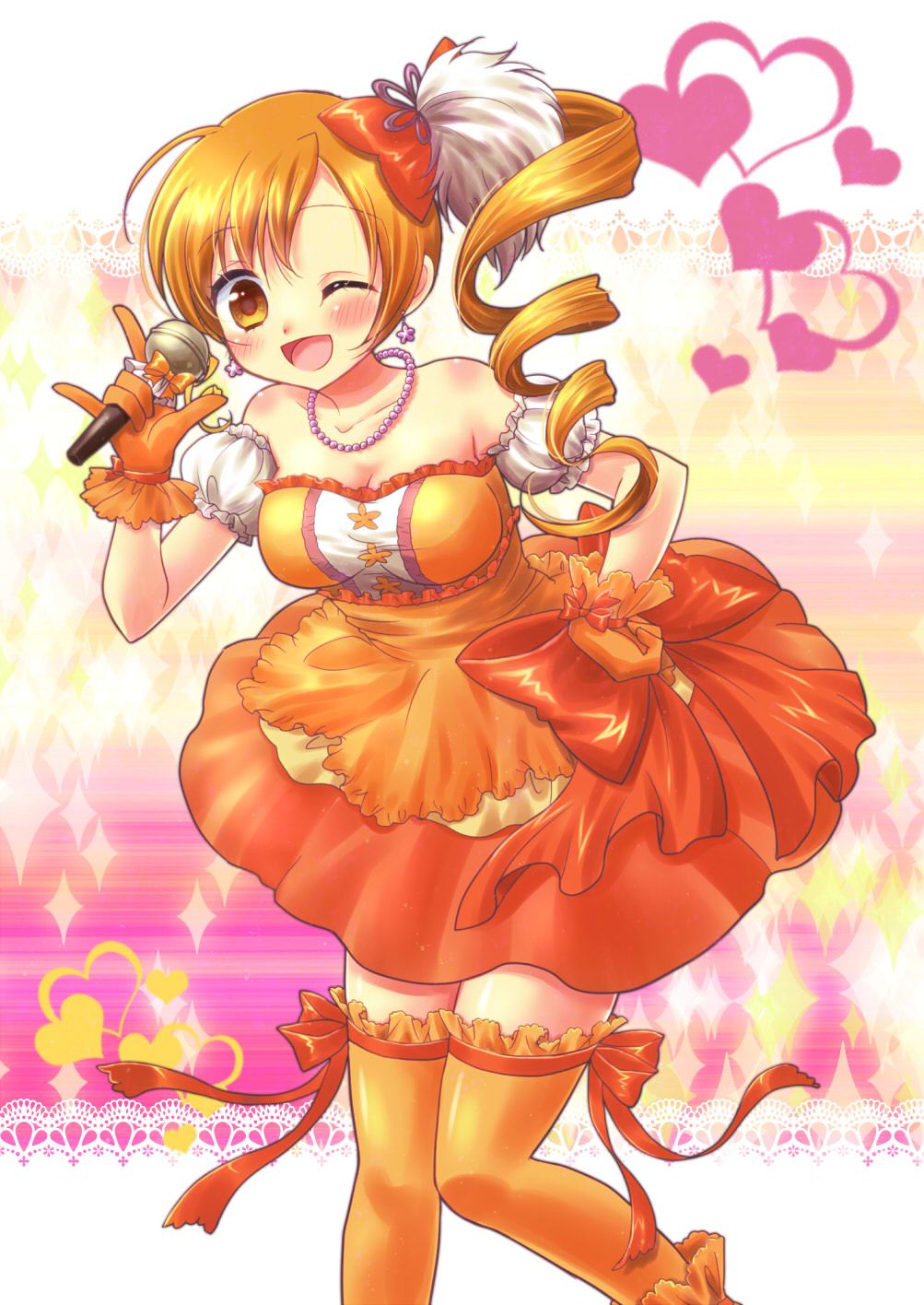 alternate_costume, alternate_hairstyle, bare_shoulders, bent_over, blonde_hair, bow, breasts, cleavage, dress, drill_hair, earrings, gloves, hair_bow, hair_ornament, hair_ribbon, hand_on_hip, heart, highres, hips, idol, jewelry, large_breasts, mahou_shoujo_madoka_magica, microphone, necklace, open_mouth, orange_legwear, ribbon, side_ponytail, smile, solo, thigh-highs, thighhighs, tomoe_mami, uruneko, wink, yellow_eyes