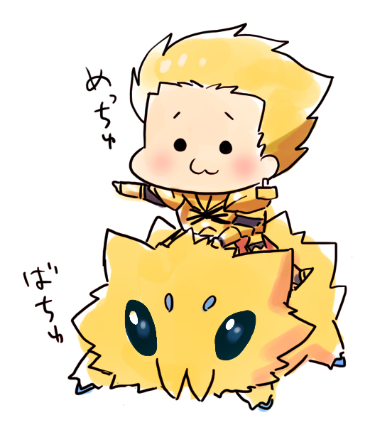 :3, armor, blonde_hair, chibi, crossover, earrings, fate/stay_night, fate_(series)