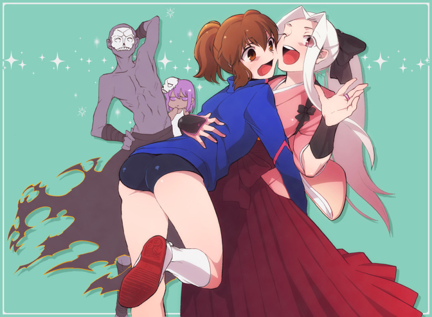 3girls, abs, alternate_hairstyle, archery, ass, assassin_(fate/zero), bald, black_skin