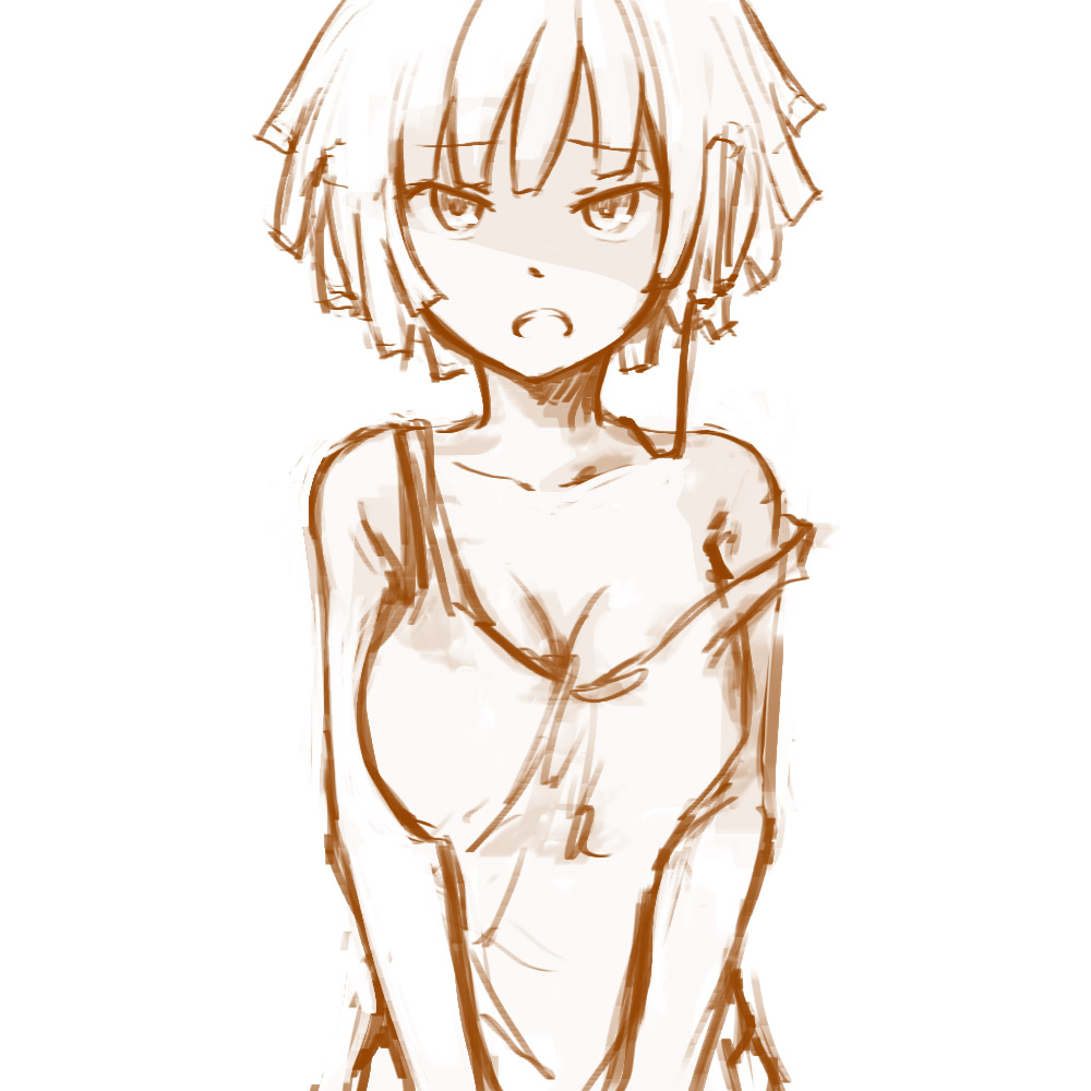 breasts, cleavage, cradle-song, karin_(cradle-song), monochrome, off_shoulder, pas_(paxiti), short_hair, solo, tank_top