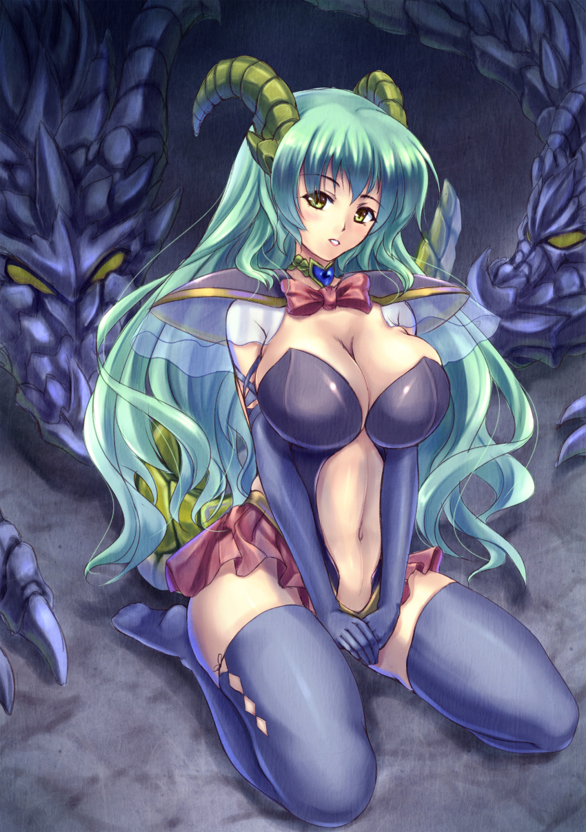 absurdres, aqua_hair, breasts, choker, cleavage, dragon, dragon_girl, elbow_gloves