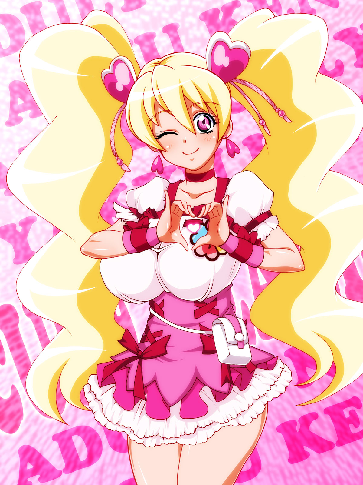 blonde_hair, breasts, choker, corset, cure_peach, fresh_precure!, heart, heart_hands