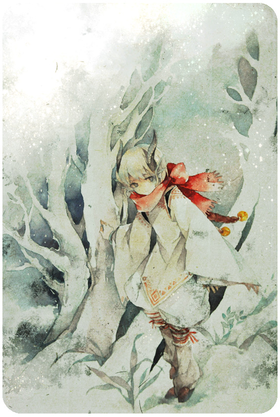 bell, forest, grey_eyes, horns, kface, long_sleeves, male, nature, original, plant, scarf, short_hair, solo, traditional_media, tree, watercolor_(medium), white_hair
