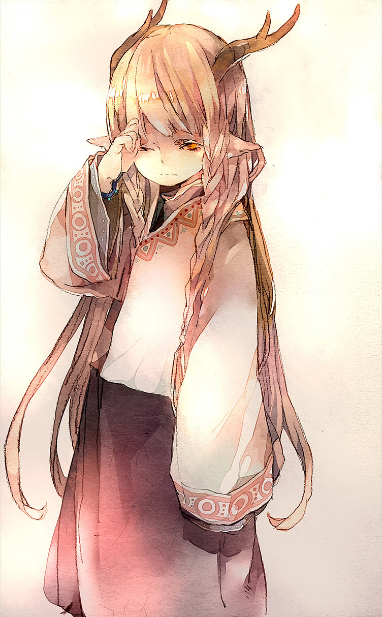 androgynous, antlers, bracelet, braid, faux_traditional_media, highres, jewelry, kface, long_hair, long_sleeves, male, orange_eyes, orange_hair, original, pointy_ears, simple_background, sleepy, solo, twin_braids, wink