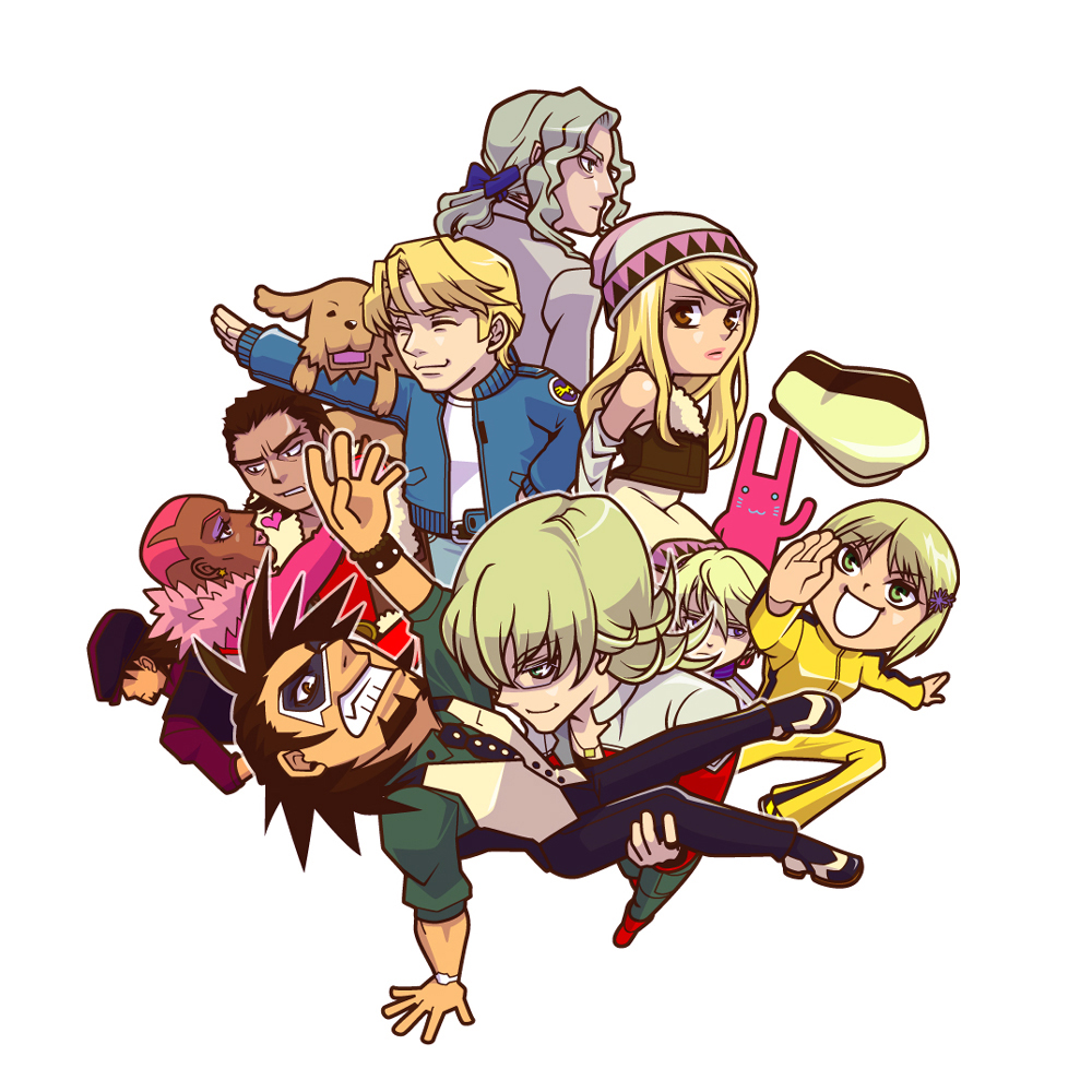 barnaby_brooks_jr, cabbie_hat, carrying, chibi, dog, ebitetsu, everyone, flat_color