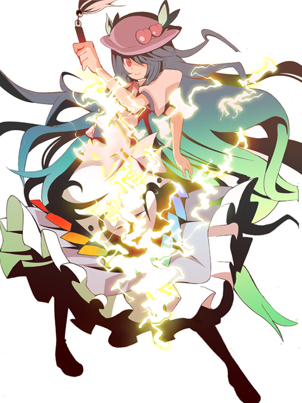 blue_hair, electricity, food, fruit, hat, hinanawi_tenshi, karu, peach