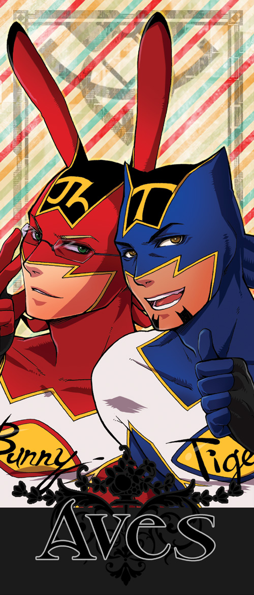 adjusting_glasses, animal_ears, barnaby_brooks_jr, blonde_hair, brown_eyes, brown_hair, bunny_ears, facial_hair, fake_animal_ears, glasses, green_eyes, hige_tei, kaburagi_t_kotetsu, long_image, mask, multiple_boys, spandex, stubble, superhero, tall_image, thumbs_up, tiger_&amp;_bunny, wild_tiger