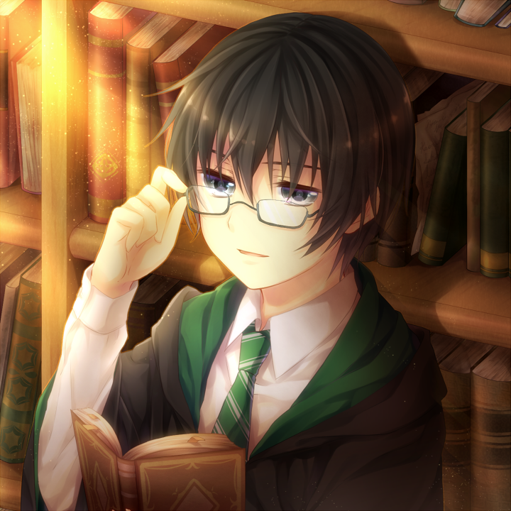 adjusting_glasses, book, bookshelf, glasses, grey_eyes, harry_potter, male, necktie